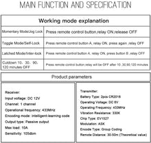 Load image into Gallery viewer, DC 12V 1CH 433Mhz RF Relay Smart Wireless Remote Control Light Switch, 2 Transmitters with 2 Relay Receiver