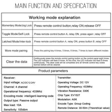 Load image into Gallery viewer, 4 CH AC DC12V 24V 433MHz Remote Relay Module Wireless RF Switch,5 Transmitter and 1 Receiver